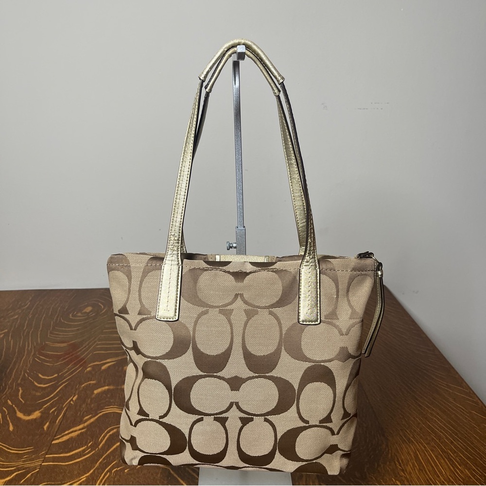 Coach Beige and Gold Signature Stripe Tote - Picture 2 of 11